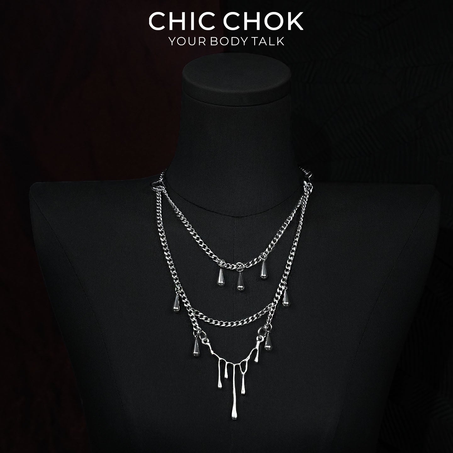 CHICCHOK Lava Tears | Liquid Metal Droplet Layered Necklace | Gothic Cyberpunk Industrial Jewelry