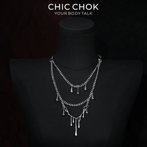 CHICCHOK Lava Tears | Liquid Metal Droplet Layered Necklace | Gothic Cyberpunk Industrial Jewelry