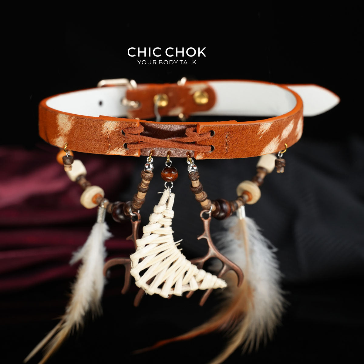 CHICCHOK "Nomadic Moon Anthem" Tribal Horsehair Leather Choker | Woven Crescent & Feather Pendants | Bohemian Festival Neckwear