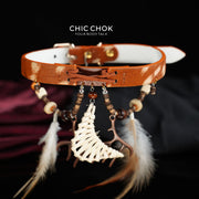 CHICCHOK "Nomadic Moon Anthem" Tribal Horsehair Leather Choker | Woven Crescent & Feather Pendants | Bohemian Festival Neckwear