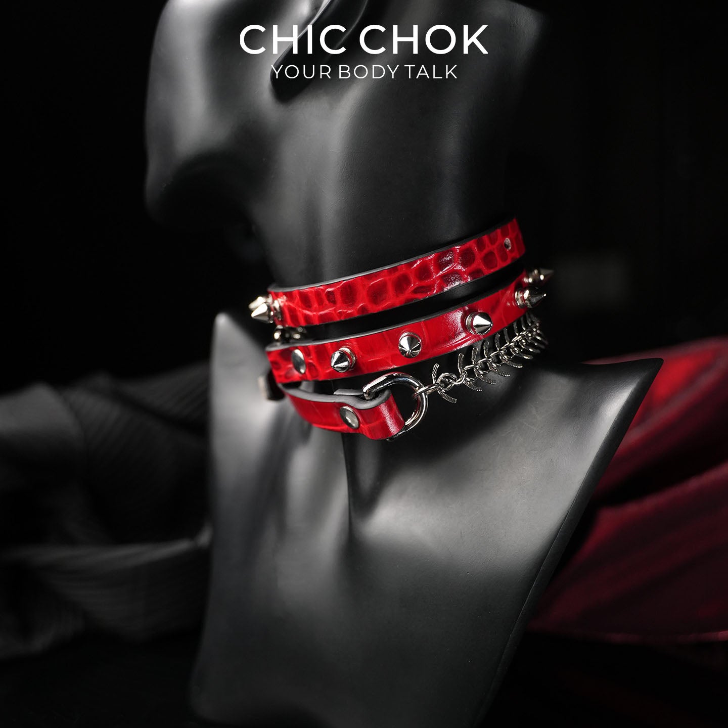 CHICCHOK Blood Thorn Fishbone | Red Crocodile Spiked Choker | Double Layer Gothic Collar