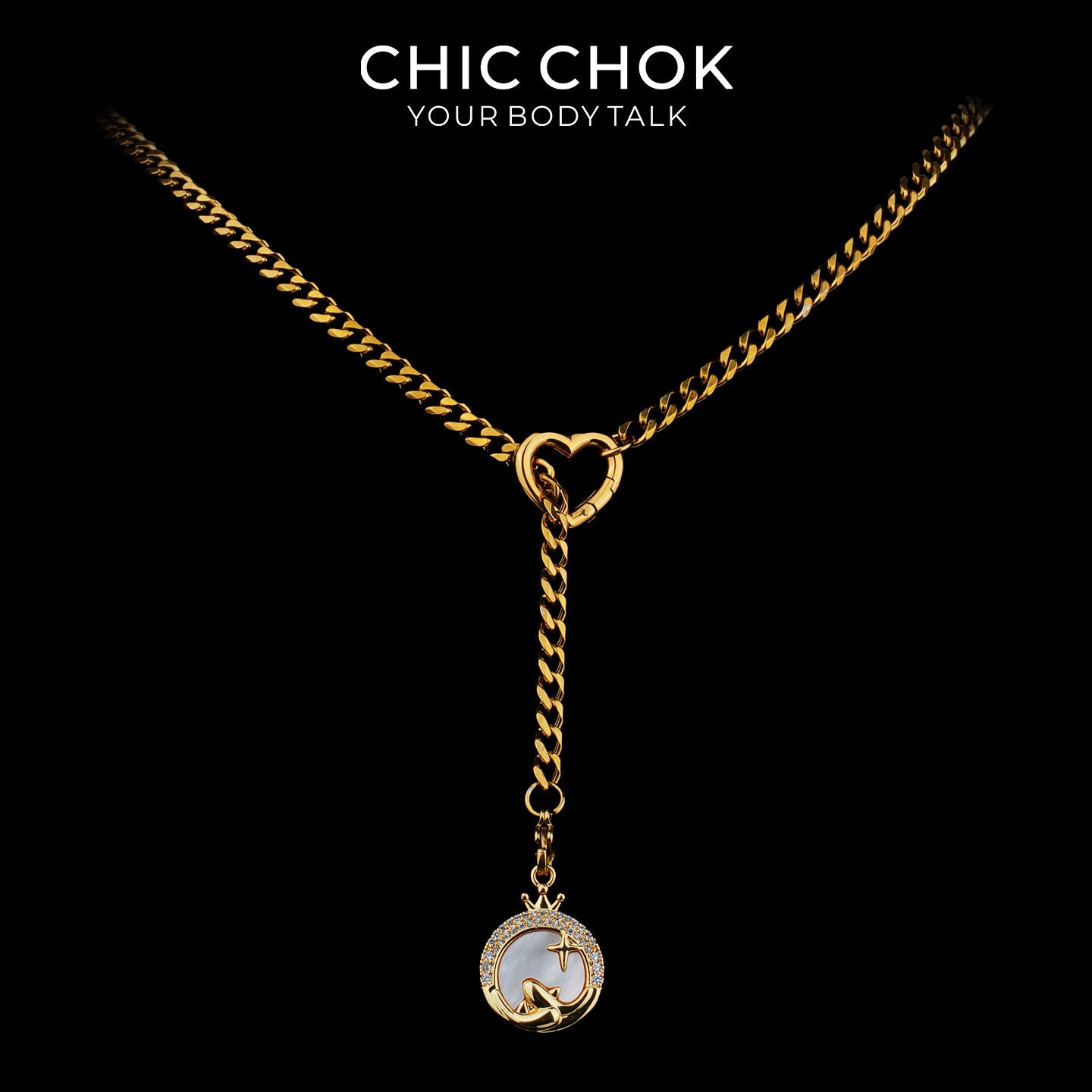 CHICCHOK Whispering Selene Y-Lariat Necklace | Gold Stainless Steel Heart Cuban Link Chain | 12 Zodiac Mother-of-Pearl Rhinestone Moon Pendant Astrological Jewelry