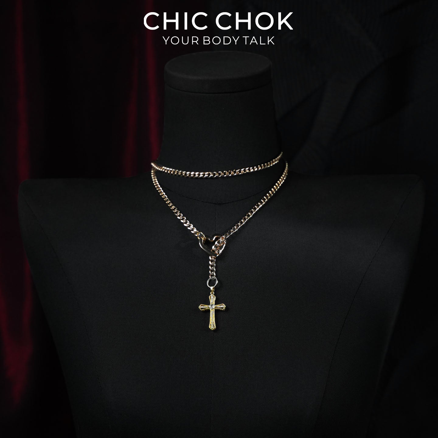 CHICCHOK Sacred Heart Emerald Shadow Y-Lariat Necklace | Gold Plated Baroque Cross Choker | Luxury Zircon Gothic Body Jewelry