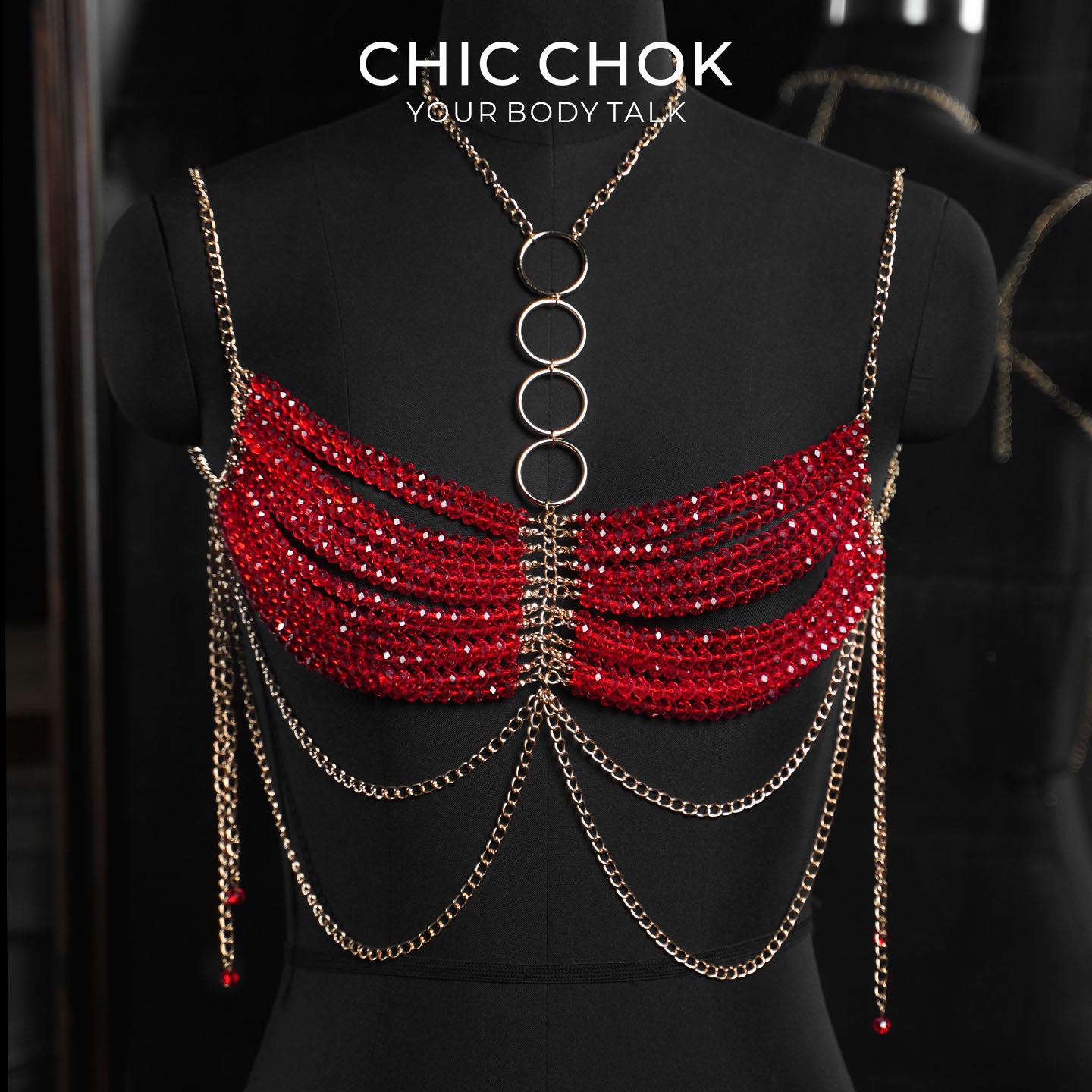 CHICCHOK Gypsy Kiss | Rantai Tubuh Bralette Kristal Merah | Harness Boho Emas Berlapis