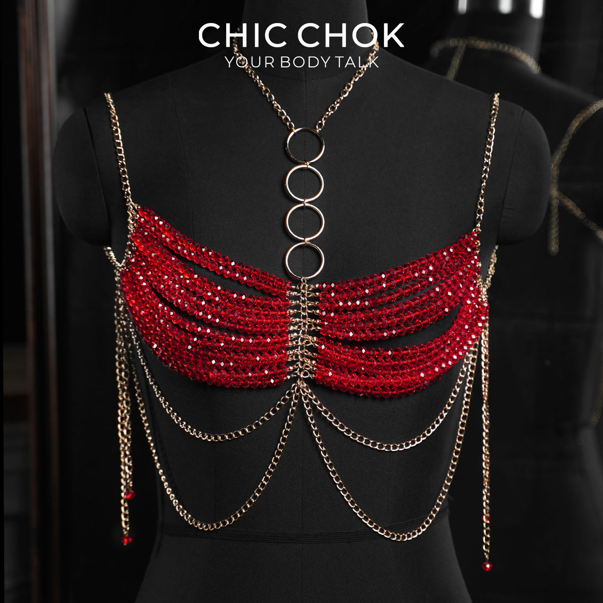 CHICCHOK Gypsy Kiss | Red Crystal Bralette Body Chain | Layered Gold Boho Harness