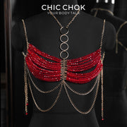 CHICCHOK Gypsy Kiss | Rantai Tubuh Bralette Kristal Merah | Harness Boho Emas Berlapis