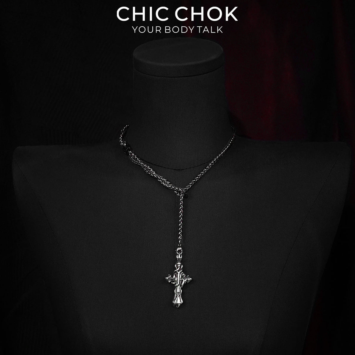 CHICCHOK Thorn Canticle | Gothic Thorns Cross Y-Necklace | Medieval Punk Woven Chain Jewelry