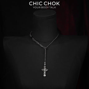 CHICCHOK Thorn Canticle | Gothic Thorns Cross Y-Necklace | Medieval Punk Woven Chain Jewelry