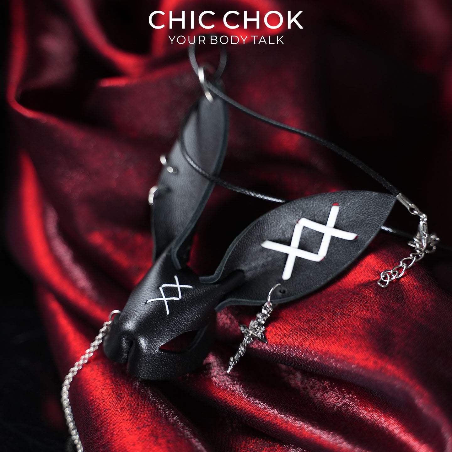 CHICCHOK Twin Shadow Rabbits | Matte Black Genuine Leather Dark Pendant | Gothic Cross-Sword Rune Accessory