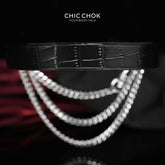 CHICCHOK "The Asphyxia" Croc-Embossed Leather Choker | Triple Layered Stainless Steel Chains | Dark Luxury Heavy Metal Neckwear