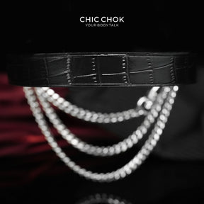 CHICCHOK "The Asphyxia" Croc-Embossed Leather Choker | Triple Layered Stainless Steel Chains | Dark Luxury Heavy Metal Neckwear