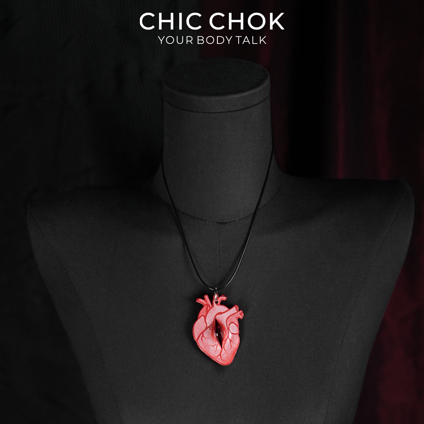 CHICCHOK Eye of the Heart Genuine Leather Necklace | Gothic Anatomical Heart Pendant | Surrealist Glass Eye Cyber Goth Jewelry