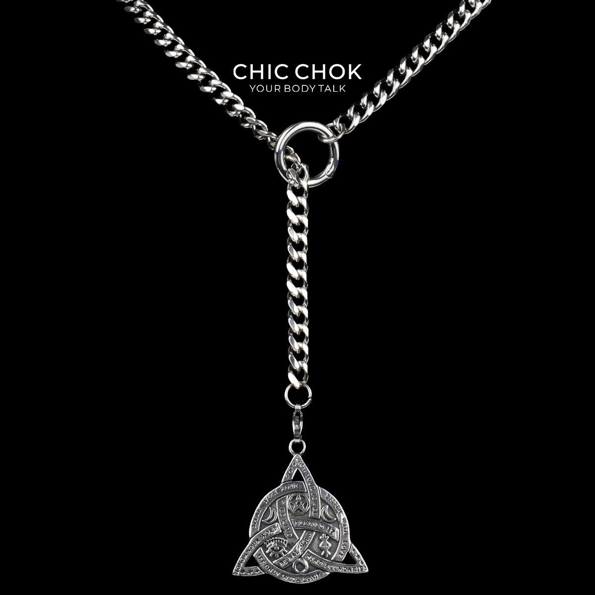 CHICCHOK "Lunar Shackle" Celtic Triquetra Pendant Stainless Steel Y-Necklace | Wiccan Rune & Pentagram Drop Chain | Dark Occult Gothic Streetwear Jewelry
