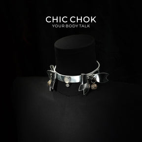 CHIC CHOK Silver Shell Butterfly Chrome Bow & Pearl-Soft Leather Collar Necklace