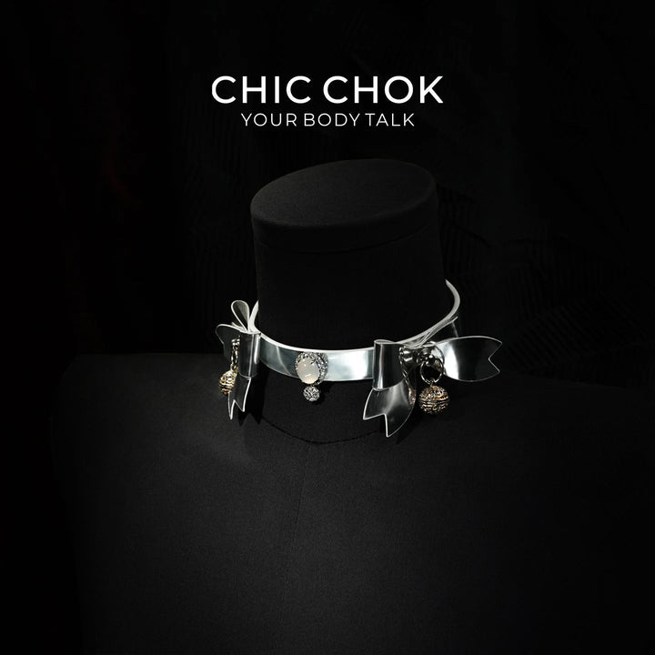 CHIC CHOK Silver Shell Butterfly Chrome Bow & Pearl-Soft Leather Collar Necklace