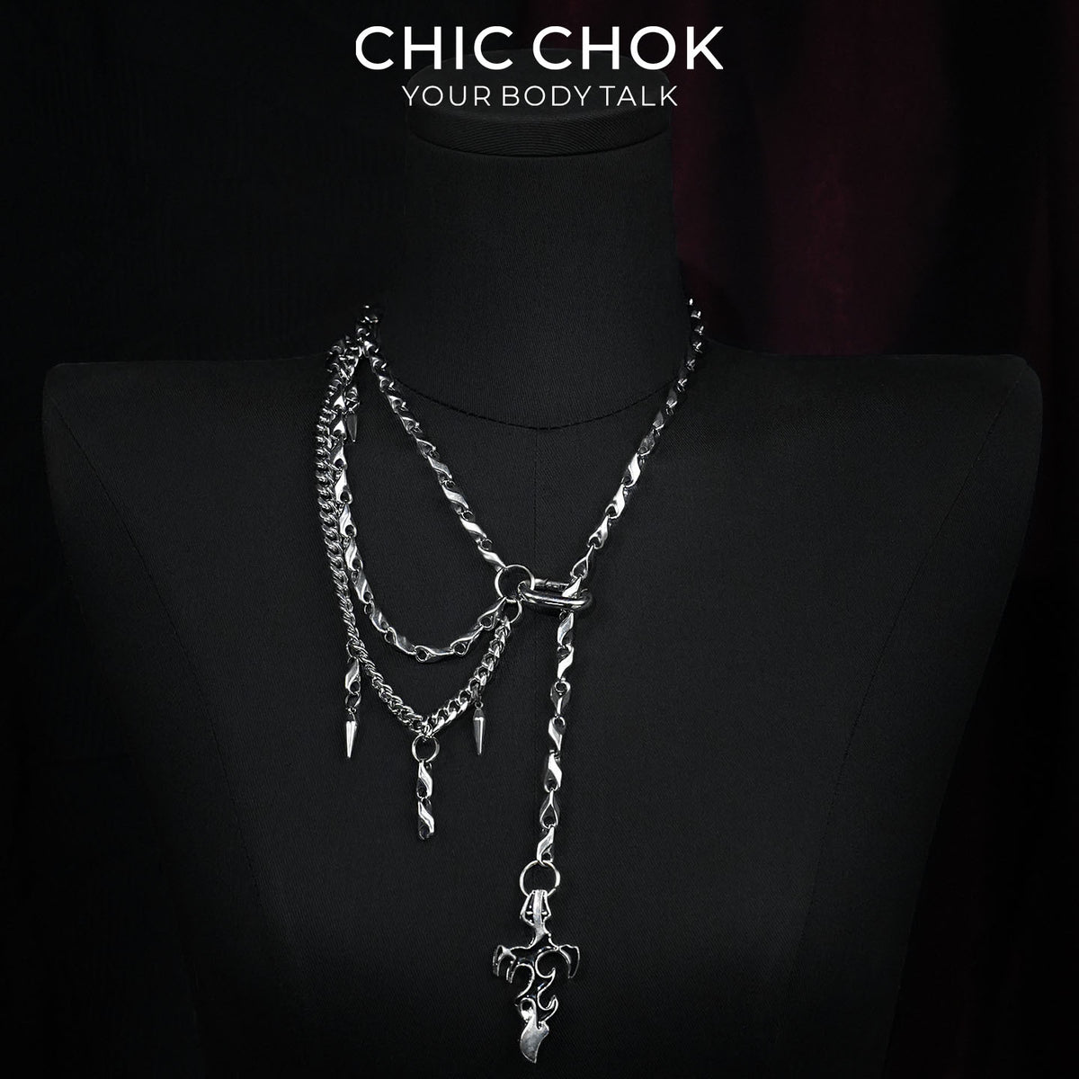 CHICCHOK Cinder Pact | Gothic Flaming Spiked Choker | Asymmetrical Body Chain Drape
