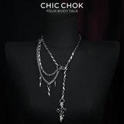 CHICCHOK Cinder Pact | 고딕 불꽃 스파이크 초커 | 비대칭 바디 체인 드레이프