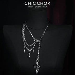 CHICCHOK Cinder Pact | Gothic Flaming Spiked Choker | Asymmetrical Body Chain Drape