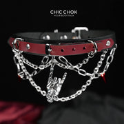 CHICCHOK "Crimson Encore" Layered Leather Choker | Gothic Skeleton Rock Hand Pendant | Heavy Metal Punk Subculture Neckwear