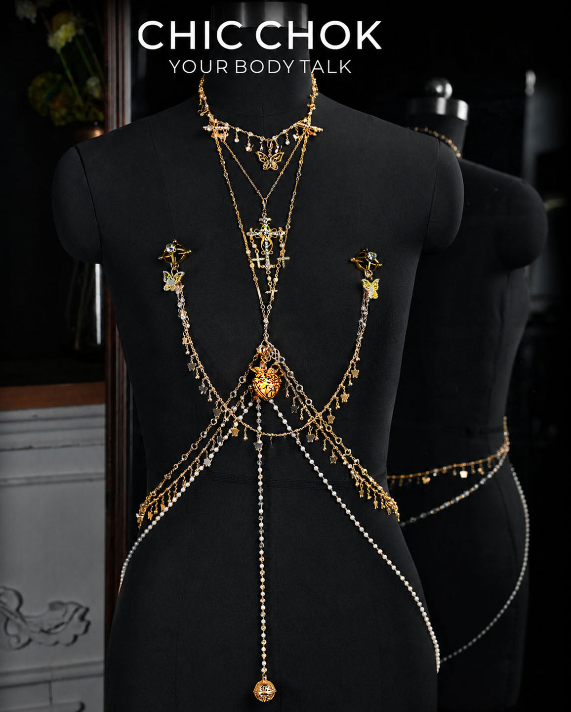 CHICCHOK Oracle's Kiss Gothic Cross Body Chain | Gold Plated Chest Harness | Luxury Zircon Subversive Caviar Jewelry