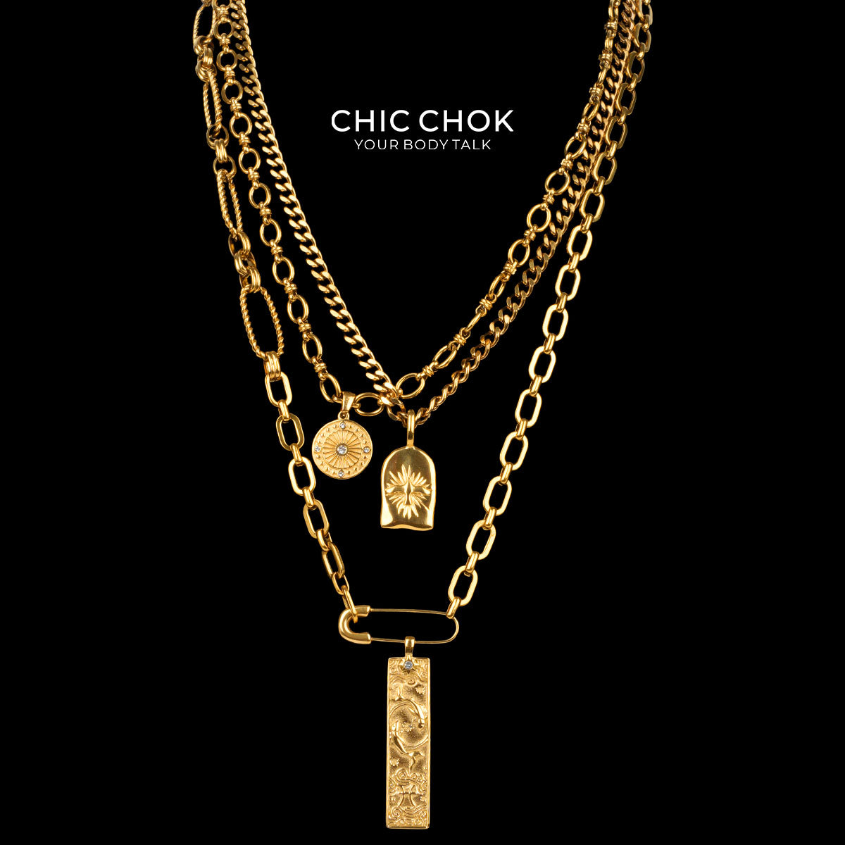 Collana a strati Capricorno con medaglia a stella e catena in oro CHICCHOK | Catena cubana vintage a 3 livelli | Tarocchi, moneta zodiacale e ciondolo a stella in rilievo, gioielli astrologici