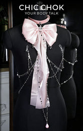 CHICCHOK Starfall Covenant Pastel Pink Body Chain | Shimmering Bowknot Chest Harness | Gothic Lolita Subversive Kawaii Jewelry