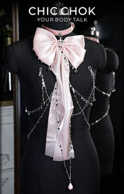 CHICCHOK Starfall Covenant Pastel Pink Body Chain | Shimmering Bowknot Chest Harness | Gothic Lolita Subversive Kawaii Jewelry
