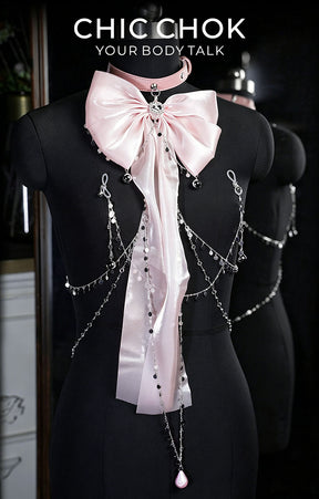 CHICCHOK Starfall Covenant Pastel Pink Body Chain | Shimmering Bowknot Chest Harness | Gothic Lolita Subversive Kawaii Jewelry