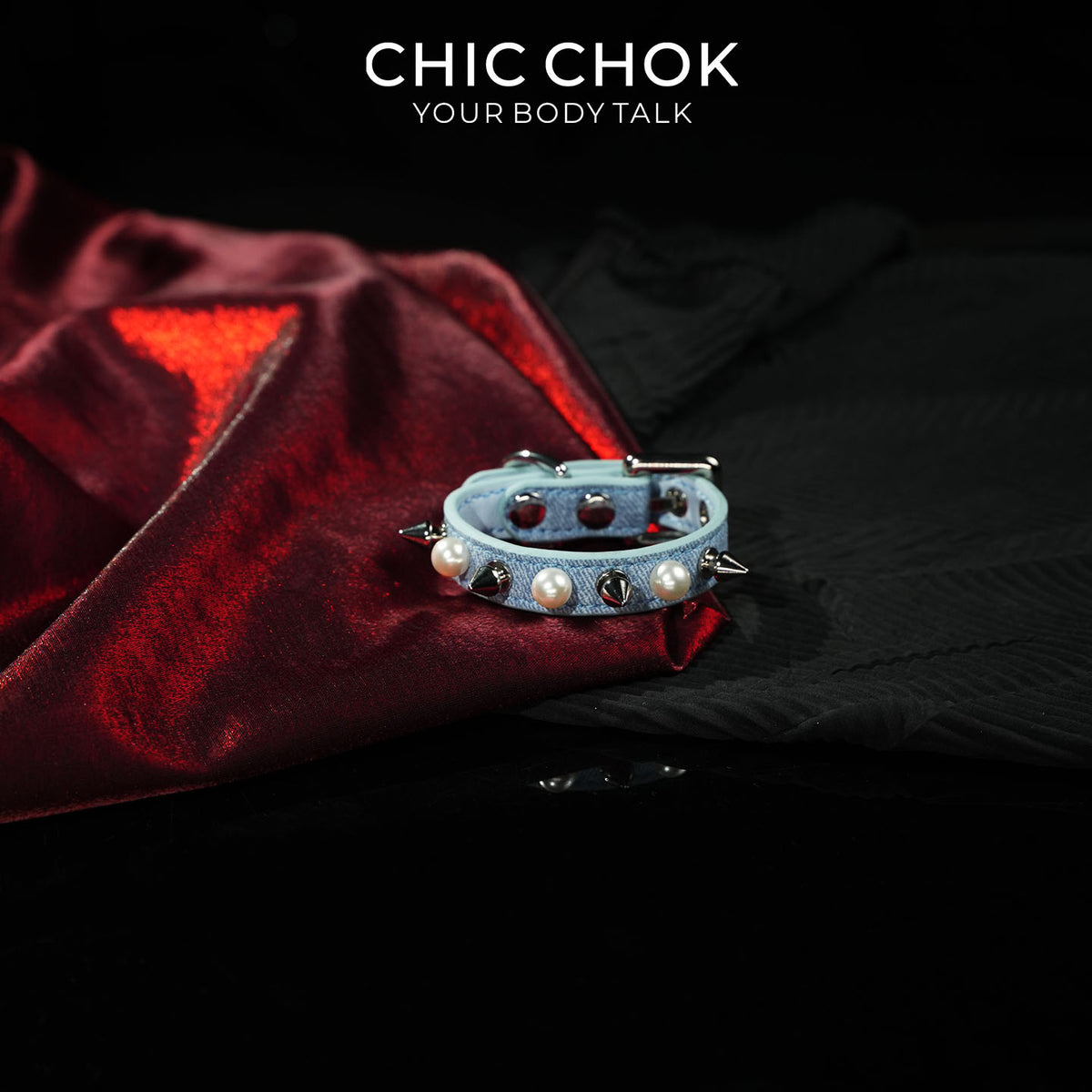 CHICCHOK Hidden Edge Denim Spiked Pearl Bracelet | Gothic Light Blue Washed Canvas Cuff | Y2K Cyberpunk Punk Rock Metal Studded Wristband for Sensitive Skin