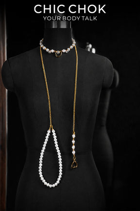 CHICCHOK Pearl Letter Leash Choker | Shell Pearl Gold Cuban Chain Necklace | Gothic Baroque Luxury Body Jewelry