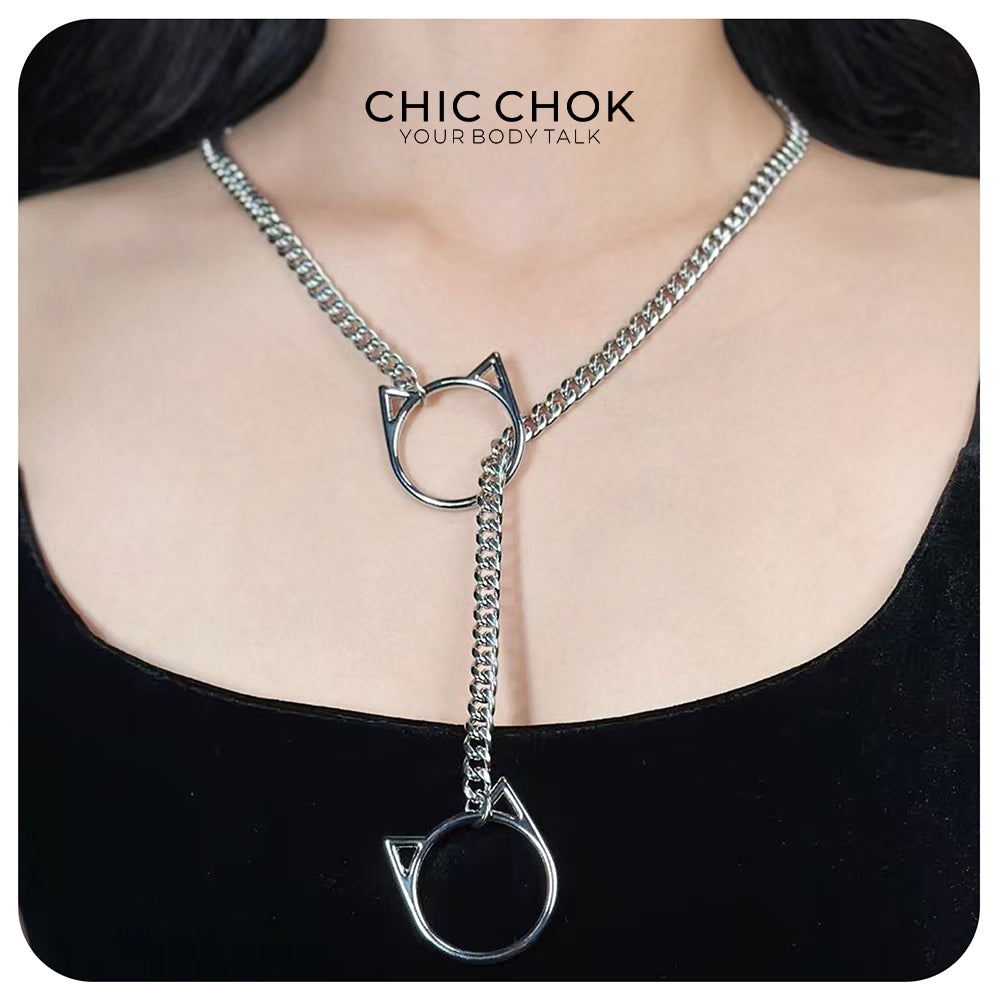 CHICCHOK O-Ring Slip-On Choker Necklace for Women – Handmade Adjustable Lariat Y-Necklace, Cuban Chain Style