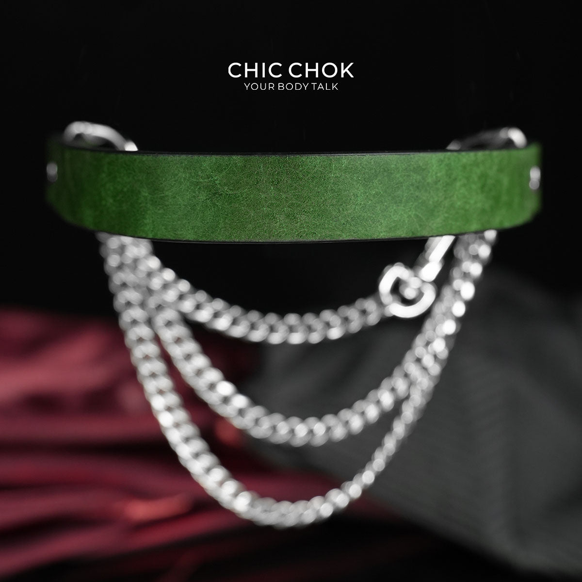 CHICCHOK "The Asphyxia" Dark Green Leather Choker | Triple Layered Stainless Steel Chains | Heavy Metal Grunge Subculture Neckwear