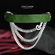 CHICCHOK "The Asphyxia" Dark Green Leather Choker | Triple Layered Stainless Steel Chains | Heavy Metal Grunge Subculture Neckwear