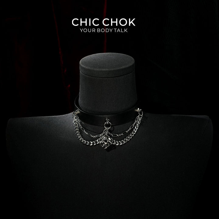 CHICCHOK[Rebel in Chains] Gothic Choker Necklace, Black Genuine Leather with Layered Zinc Alloy Chains, Skull Cage Pendant, Punk Style, choker