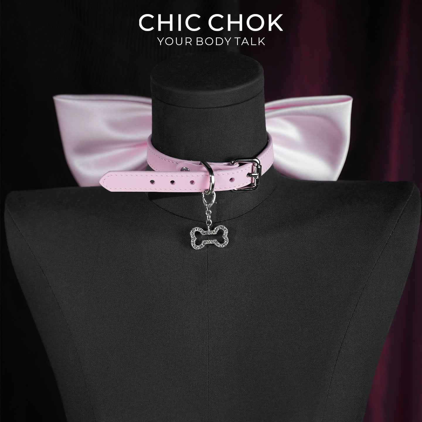 CHICCHOK Satin Bow Bone Covenant Choker | Coquette Pink Genuine Leather Collar | Gothic Rhinestone Paved Bone Charm Oversized Silk Bowknot Necklace for Sensitive Skin