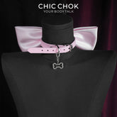 CHICCHOK Satin Bow Bone Covenant Choker | Coquette Pink Genuine Leather Collar | Gothic Rhinestone Paved Bone Charm Oversized Silk Bowknot Necklace for Sensitive Skin