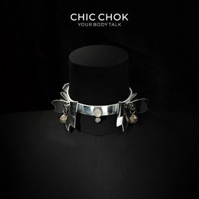 CHIC CHOK Silver Shell Butterfly Chrome Bow & Pearl-Soft Leather Collar Necklace