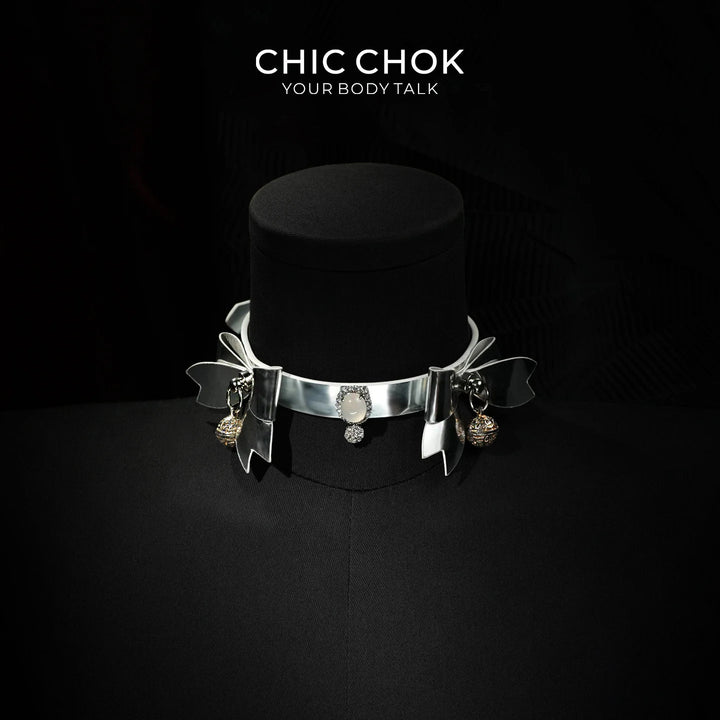CHIC CHOK Silver Shell Butterfly Chrome Bow & Pearl-Soft Leather Collar Necklace