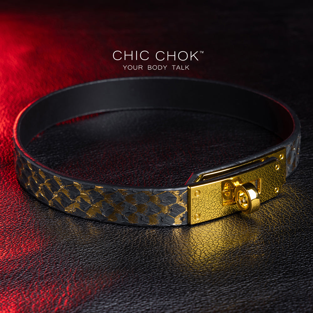 chicchok - handmade black, gold non-adjustable collar, soft leather material, comfortable to wear