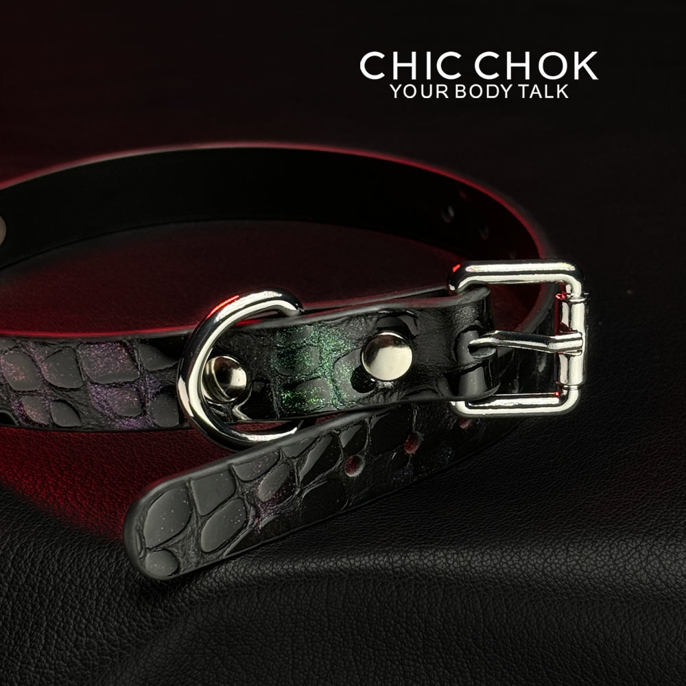 chicchok choker Alligator leather black purple glitter collar, handmade genuine leather collar