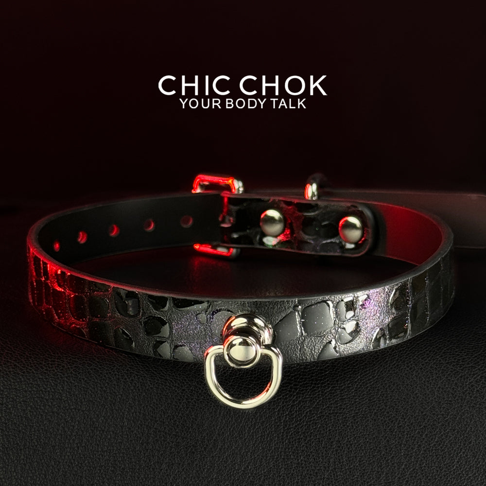 chicchok choker Alligator leather black purple glitter collar, handmade genuine leather collar