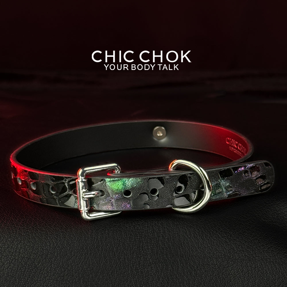 chicchok choker Alligator leather black purple glitter collar, handmade genuine leather collar