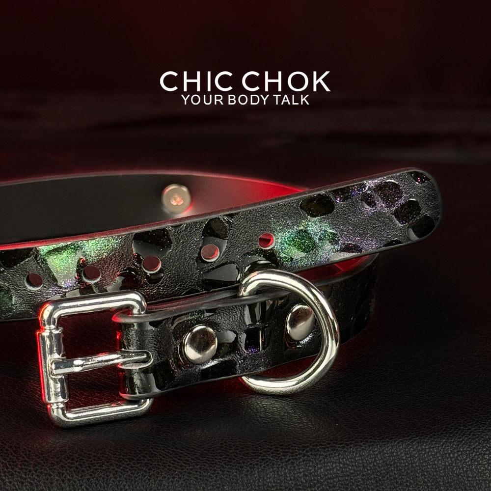 chicchok choker Alligator leather black purple glitter collar, handmade genuine leather collar
