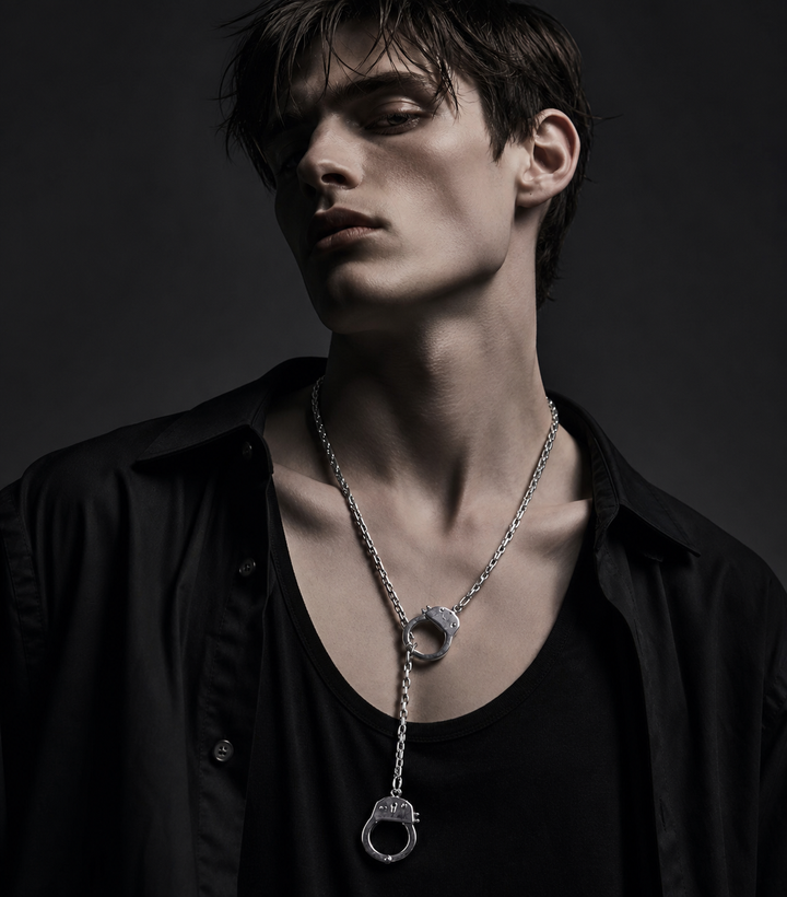 CHICCHOK Unbound Dual Rings Handcuff Necklace | Detachable Stainless Steel Double Layer Choker | Subversive Y2K Industrial Punk Multi-Wear Y-Lariat Chain Jewelry for Sensitive Skin