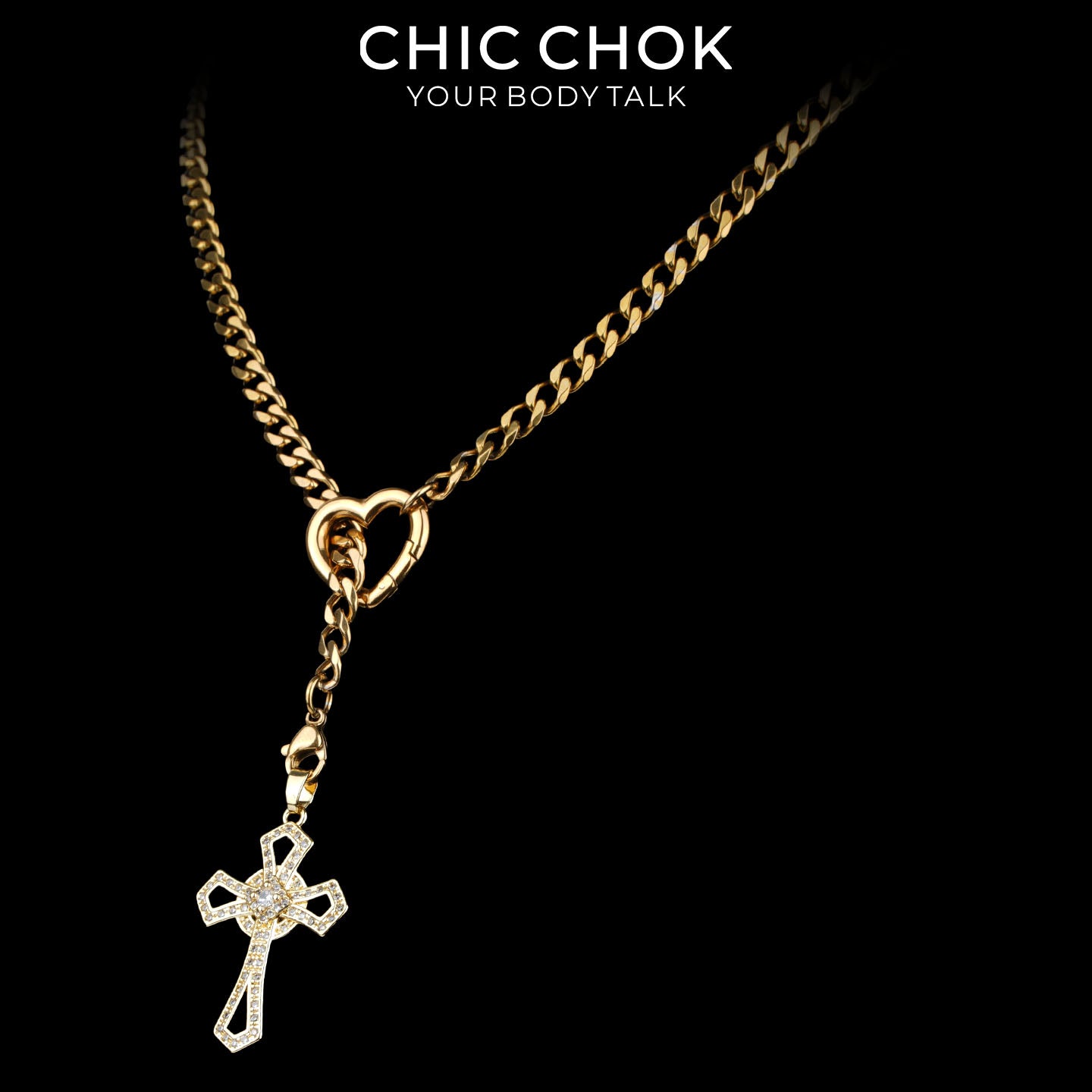 Kalung Y-Lariat Bintang Emas CHICCHOK | Rantai Kuba Baja Tahan Karat Berlapis Emas 18K | Perhiasan Coquette Liontin Hati Emas Hancur Bertekstur Antik