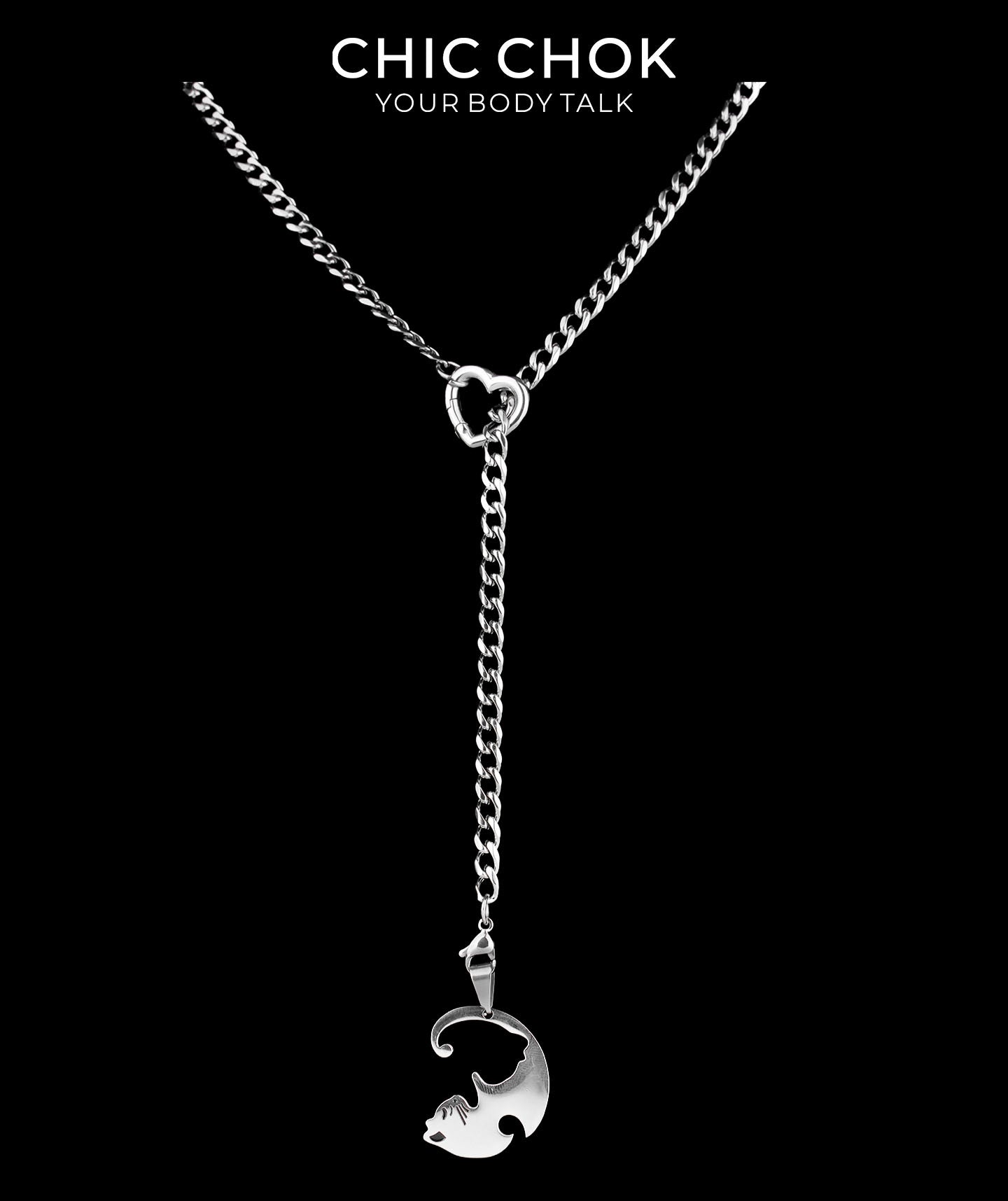CHICCHOK Sweet Punk Y-Lariat Chain Necklace | Y2K Cute Coquette Heart Charm Collar | Harajuku Kawaii Stainless Steel Cuban Link Jewelry for Sensitive Skin