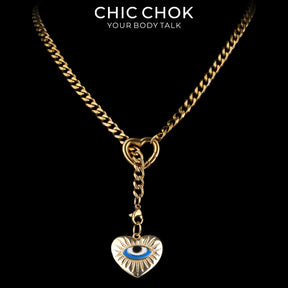 CHICCHOK Gilded Star Haven Y-Lariat Necklace | 18K Gold Plated Stainless Steel Cuban Chain | Vintage Textured Crushed Gold Heart Pendant Coquette Jewelry