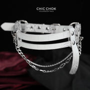 CHICCHOK "Delusion No. 247" White Croc-Embossed Leather Choker | Asymmetric Restraint & IV Chain Collar | Yandere Gothic Asylum Subculture Jewelry