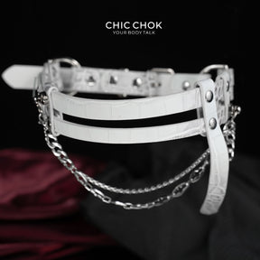CHICCHOK "Delusion No. 247" White Croc-Embossed Leather Choker | Asymmetric Restraint & IV Chain Collar | Yandere Gothic Asylum Subculture Jewelry