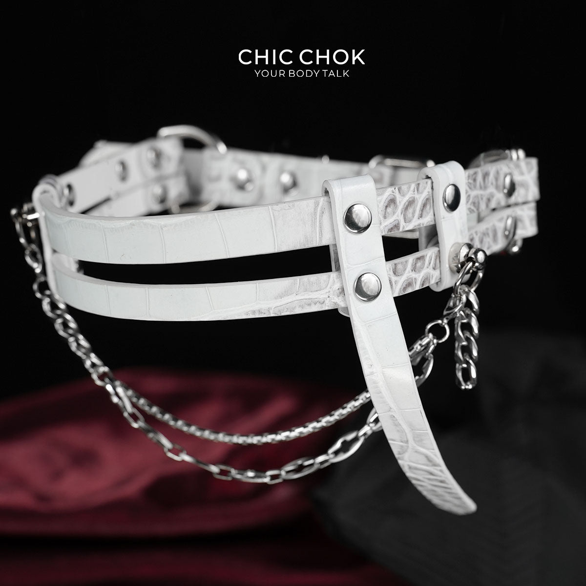 CHICCHOK "Delusion No. 247" White Croc-Embossed Leather Choker | Asymmetric Restraint & IV Chain Collar | Yandere Gothic Asylum Subculture Jewelry